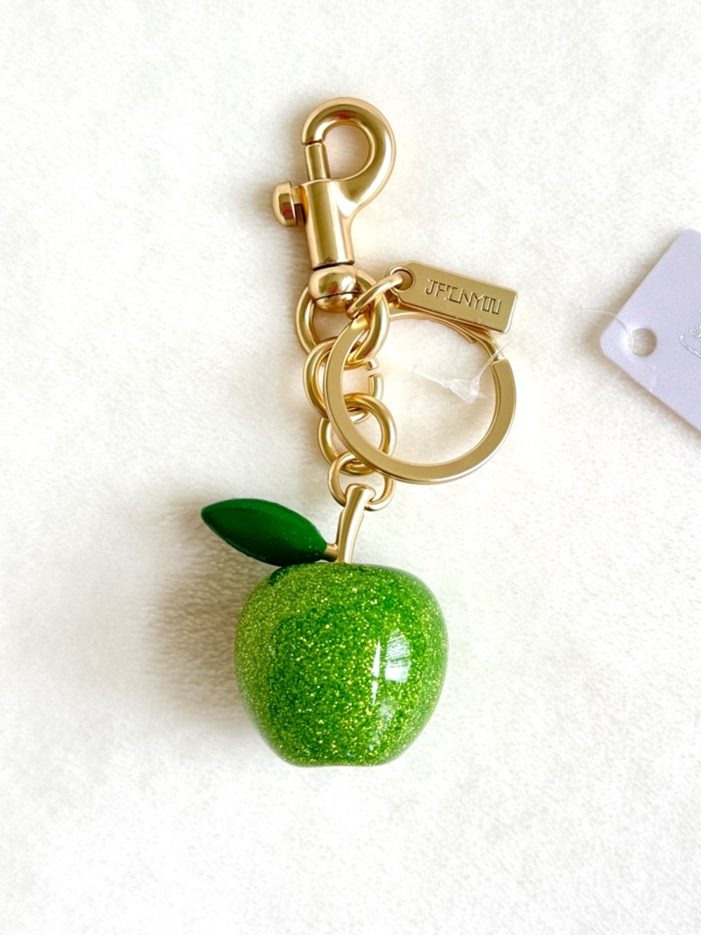 Green Glitter Apple Key Chain / Bag Charm w/ Gold Hardware
